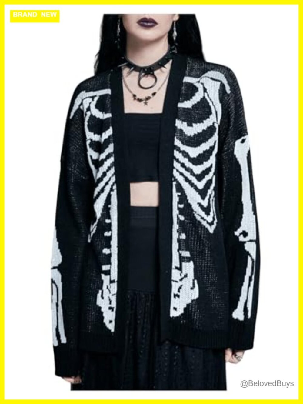 Skeleton Graphic Open Front Knit Cardigan Long Sleeve Grunge Sweater